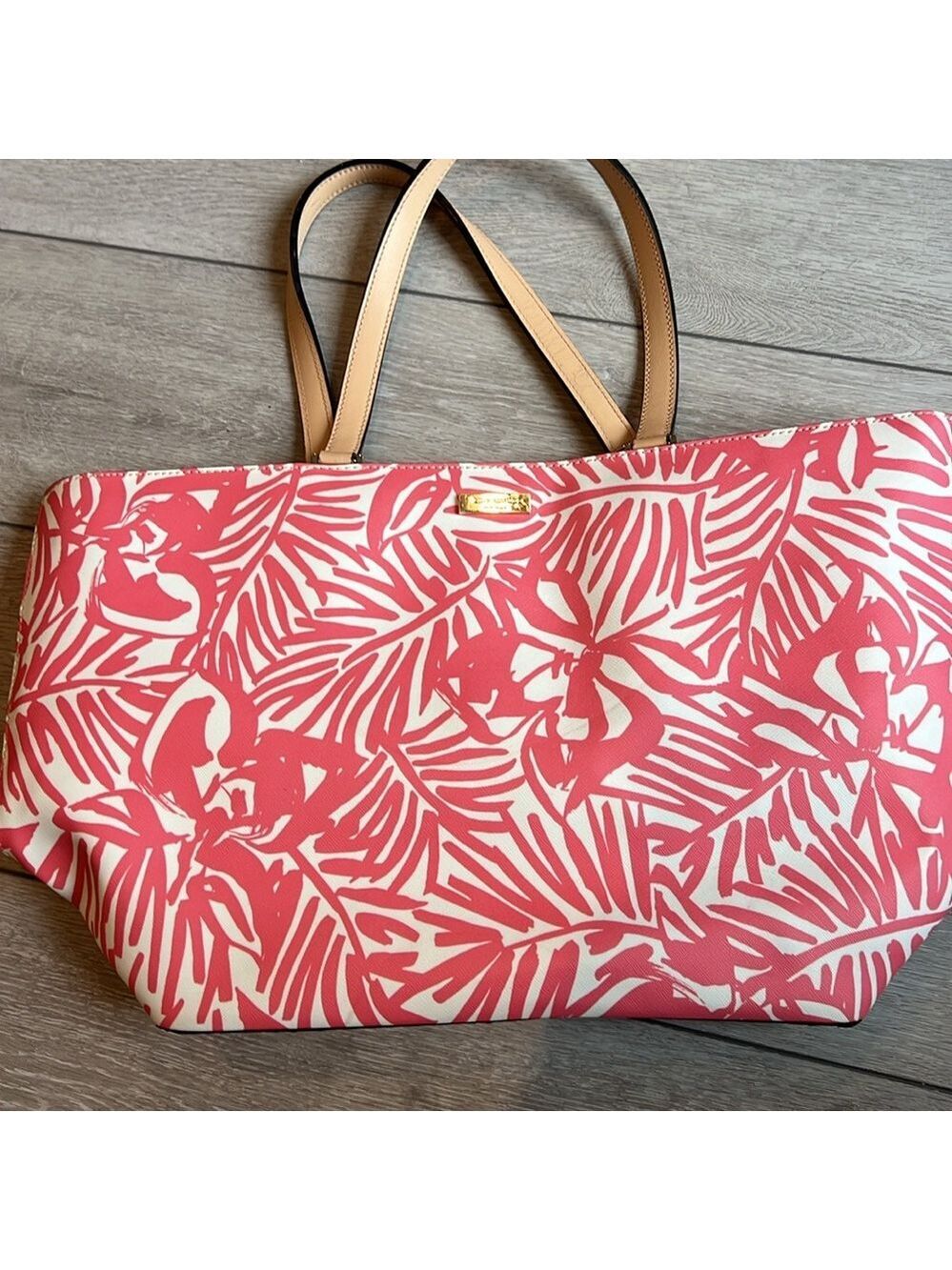 Kate Spade grant street Palm Pink Palm Leaf Print large leather Tote bag - Picture 3 of 10